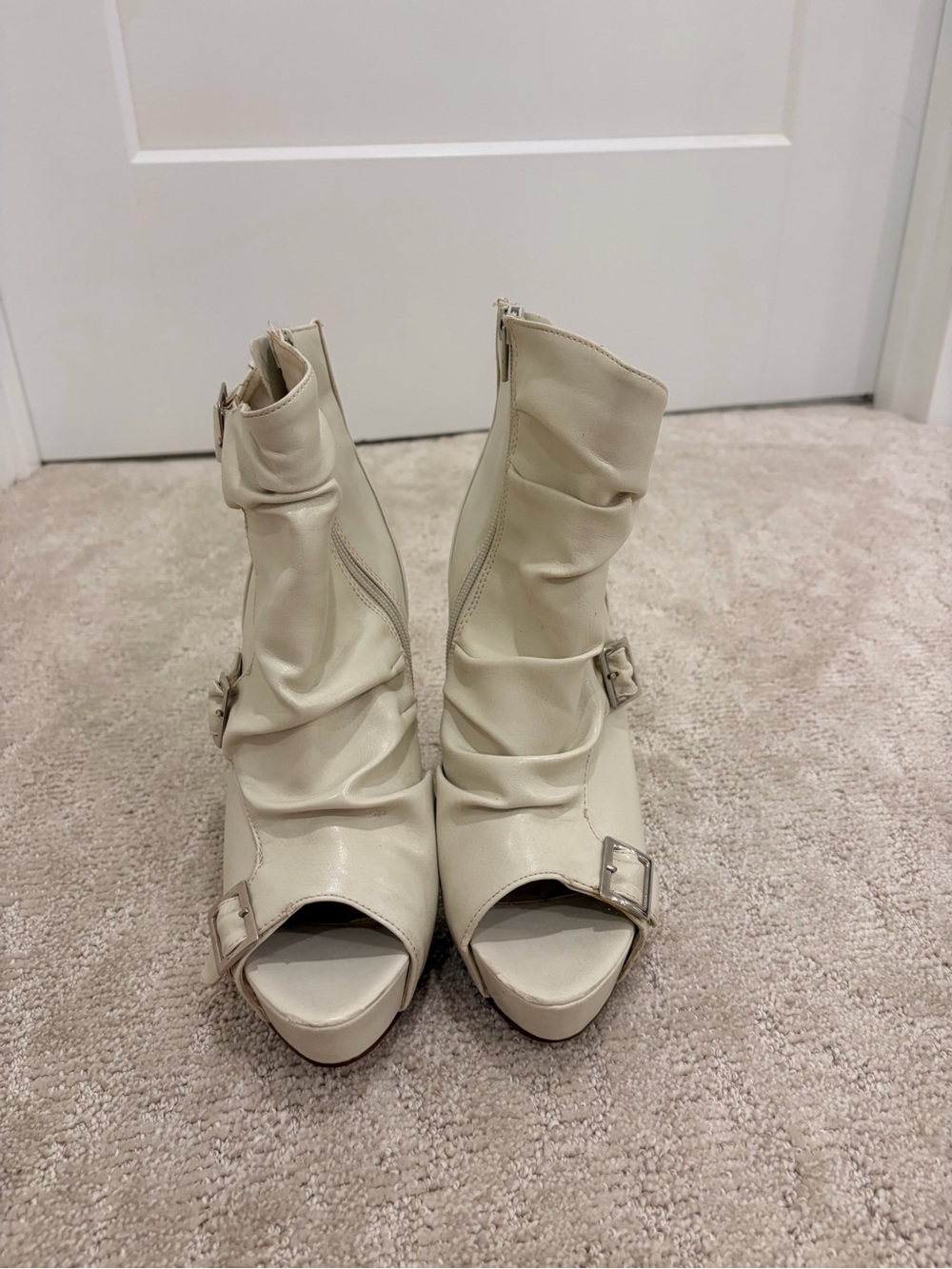 Women’s Cream Peep-Toe Ruched Ankle Boots
